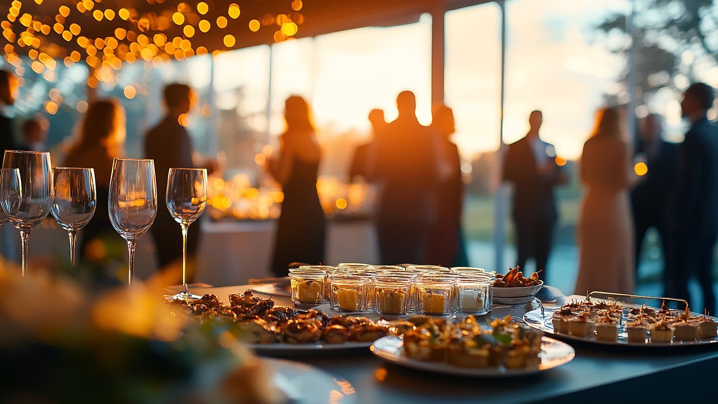 Guests talking in silhouette at golden hour under strings of lights, with wine glasses and trays of canapés and set custards laid out on the table in front of them